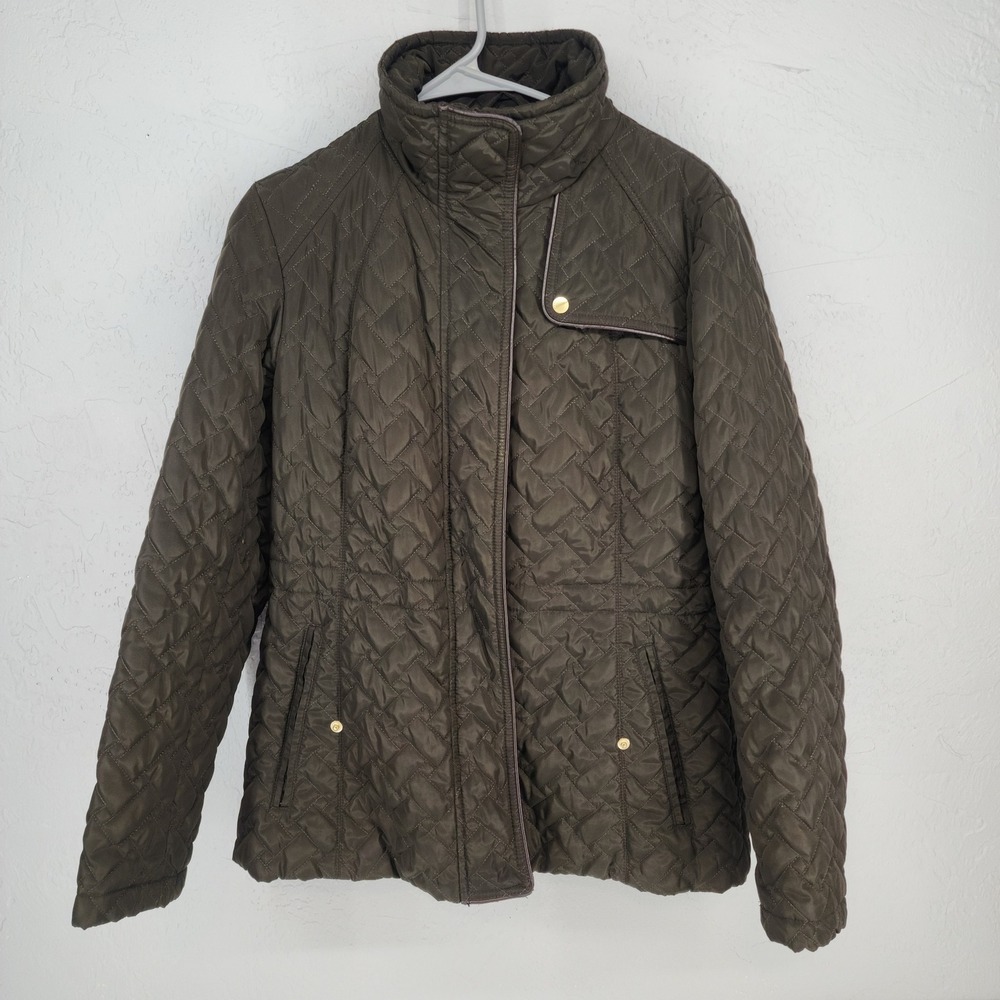 Cole Haan Signature Olive Green Quilted Zip Up Barn Jacket Coat Womens Size M